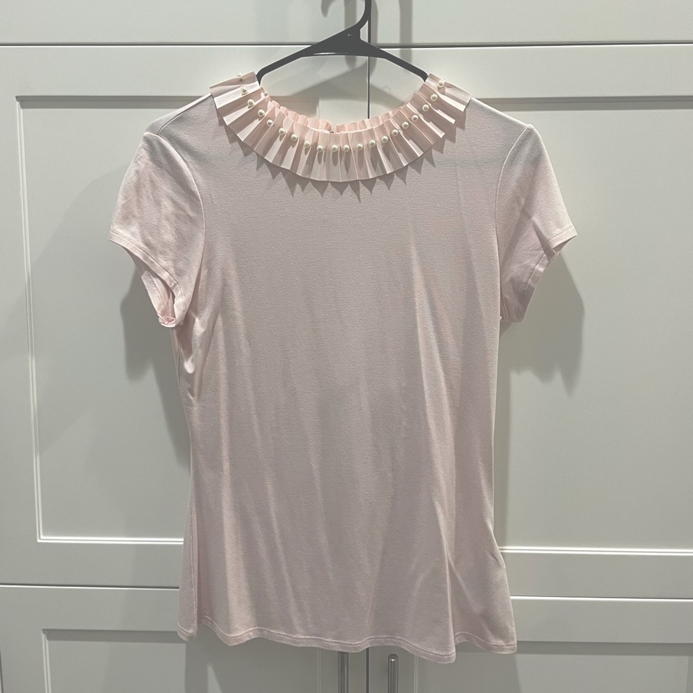 Baby Pink Ted Baker Short Sleeve Top w/ Pearl Collar Detail